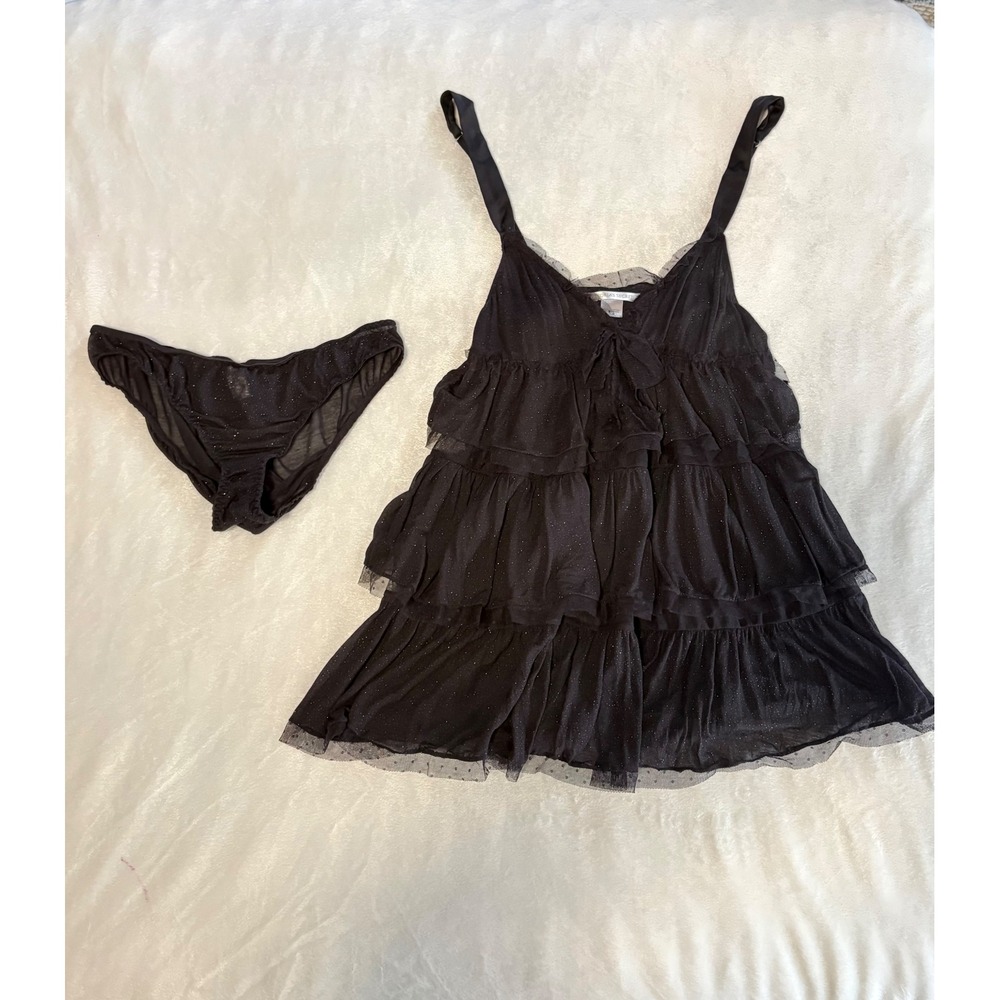 Victorias Secret Black Glitter Ruffle Babydoll Lingerie‎ Set Small y2k